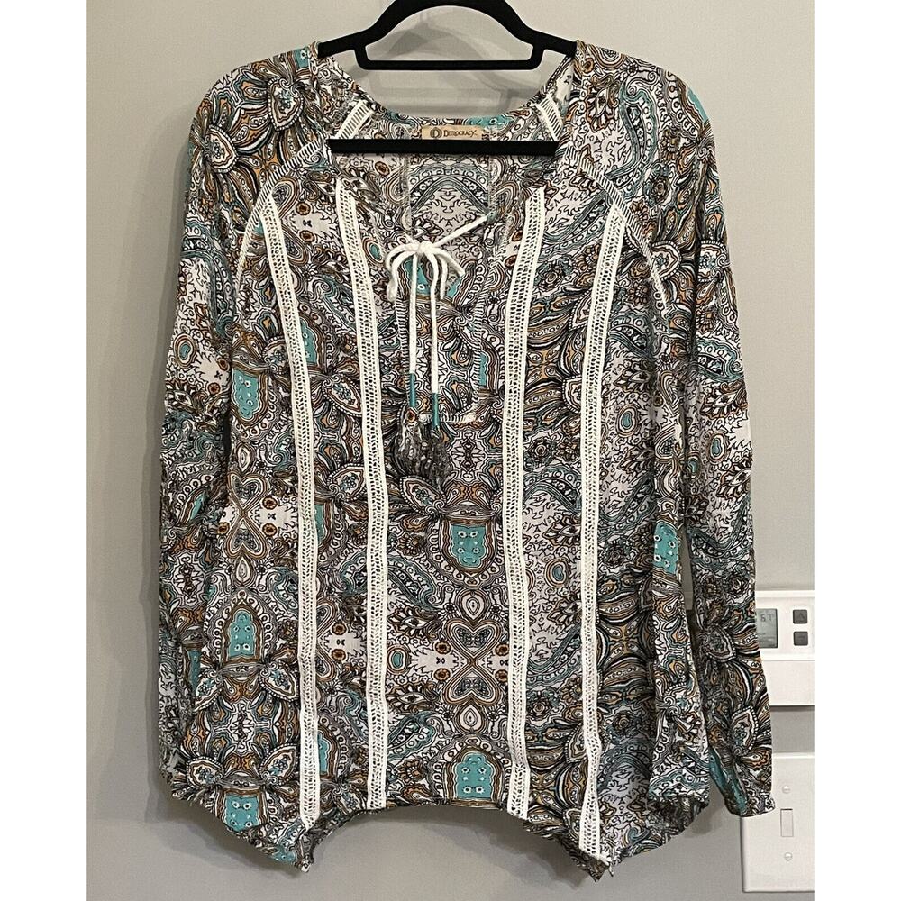 Democracy Top Boho All‎ Over Print Lightweight Long Sleeve Blouse Medium EUC